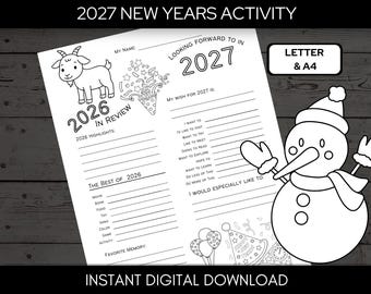 Kinder im Jahresrückblick, druckbare Neujahrsaktivität, Neujahrsvorsatz 2027, Neujahrsreflexionen, Neujahrsziele, Silvester A4 & Letter