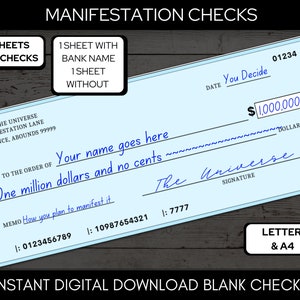 Cheque de Manifestación, Cheques del Tablero de Visión, Imprimibles del Tablero de Visión, Cheques de Manifestación, Ley de Abundancia, Manifestación de Dinero A4 y Carta