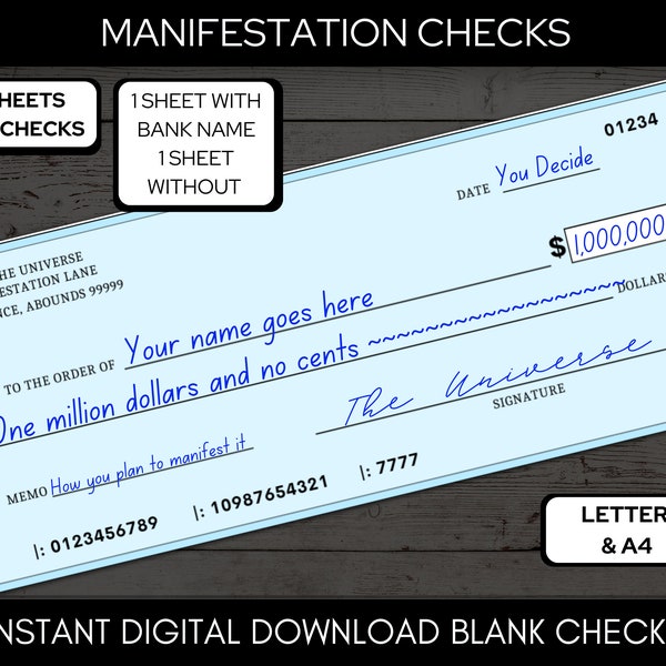 Manifestation Check, Vision Board Checks, Vision Board Printables, Manifestation Cheques, Law of Abundance, Money Manifestation A4 & Letter