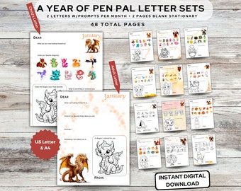 12 Months of Pen Pal Letters  & Stationary - Dragon Themed | Great Grandma Gift | Grandma Gift | Grandparents' Day | Instant Download