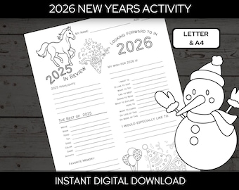 Kinder im Jahresrückblick, druckbare Neujahrsaktivität, 2026 Neujahrsvorsatz, Neujahrsreflexionen, Neujahrsziele, Silvester A4 & Letter