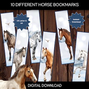 10 Horse Printable Bookmarks | Digital Download Horse Bookmarks | Horse bookmark set | Horse Lover Gift  | Printable US Letter & A4