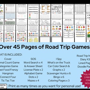 Included in games: Alphabet, Animal Count, Categories,Fast Food Frenzy, Hangman, Connect Four, Tic Tac Toe, I Spy, SOS, Word Search, License Plate, Dots, Mazes, Scavenger Hunts, Car Color Search, Bingo Coloring, Map, Diary, Lined  & Blank Pages