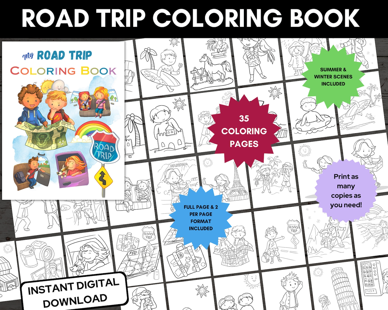 Road Trip Printable Coloring Book, Kids Travel Coloring Pages, Kids
