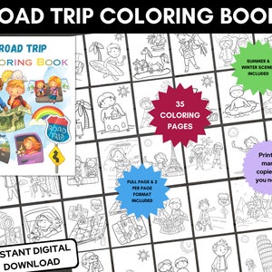 Road Trip Printable Coloring Book, Kids Travel Coloring Pages, Kids Travel Activities, Road Trip Busy Book