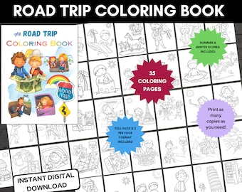 Road Trip Printable Coloring Book, Kids Travel Coloring Pages, Kids Travel Activities, Road Trip Busy Book