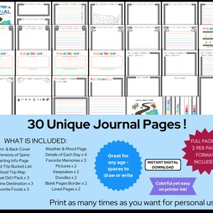 Rainbow colored headers make this a playful and colorful journal that is light on ink and thus your pocket book.  There are over 30 unique pages for all ages to document and journal about the trip to create a treasured keepsake.