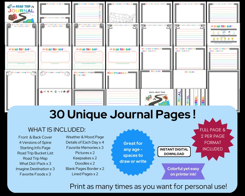 Rainbow colored headers make this a playful and colorful journal that is light on ink and thus your pocket book.  There are over 30 unique pages for all ages to document and journal about the trip to create a treasured keepsake.