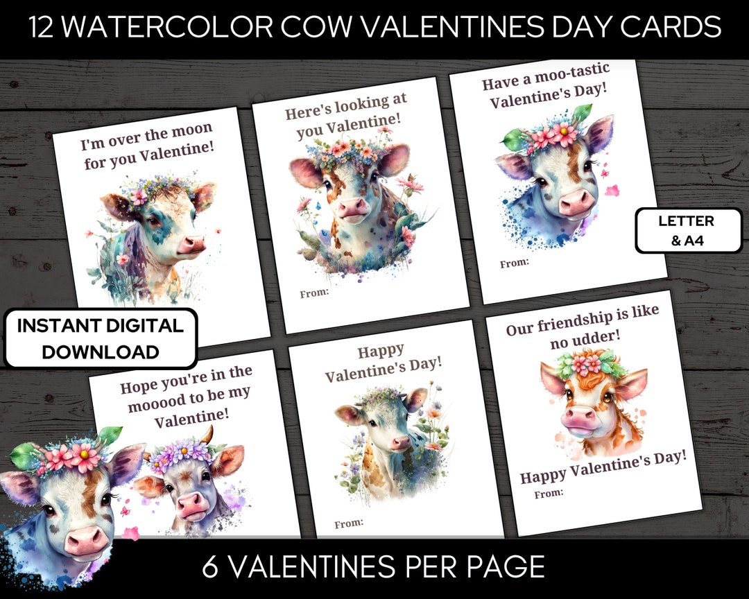 Cute Cow Valentine Cards for Class Exchange Letter & A4