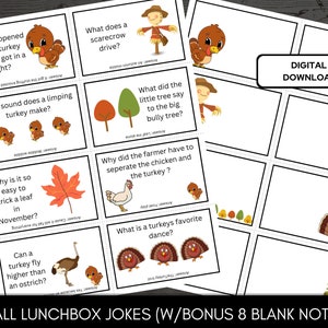 May include: Eight printable cards with autumn-themed jokes for children. Each card features a colourful illustration and a question with an answer. The cards are designed for lunchboxes or as a fun activity for children.