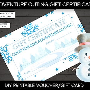 Christmas Gift Certificate for Adventure Outing, Printable Coupon Voucher A4 & Letter