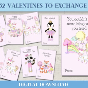 32 Valentines zum Austauschen von Einhörnern und funkelnden Tieren, magische Valentinstags-Ausdrucke - ideal für den Kartenaustausch im Klassenzimmer oder in der Kindertagesstätte