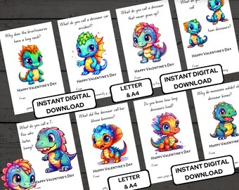 Colorful Dinosaur Joke Valentine Cards - Dino Classroom Valentines - Letter & A4