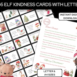 May include: 56 printable Christmas elf kindness cards with a letter from Santa's elves. The cards feature illustrations of elves and winter scenes. The letter encourages children to be kind and helpful.