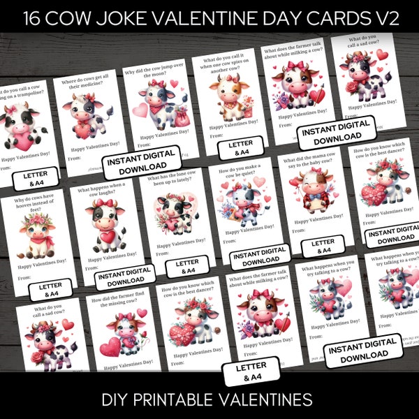 Funny Cow Joke Valentine Cards v2 for Class Exchange Letter & A4 format