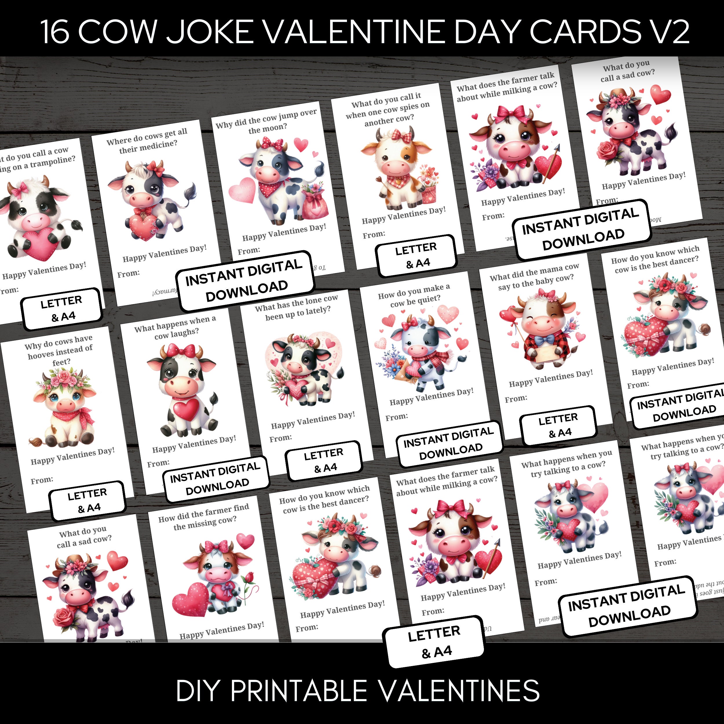 Funny Cow Joke Valentine Cards V2 for Class Exchange Letter & A4 Format ...