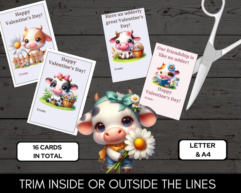 Funny Cute Cow Valentine Cards for Class Exchange Letter & A4 Format ...