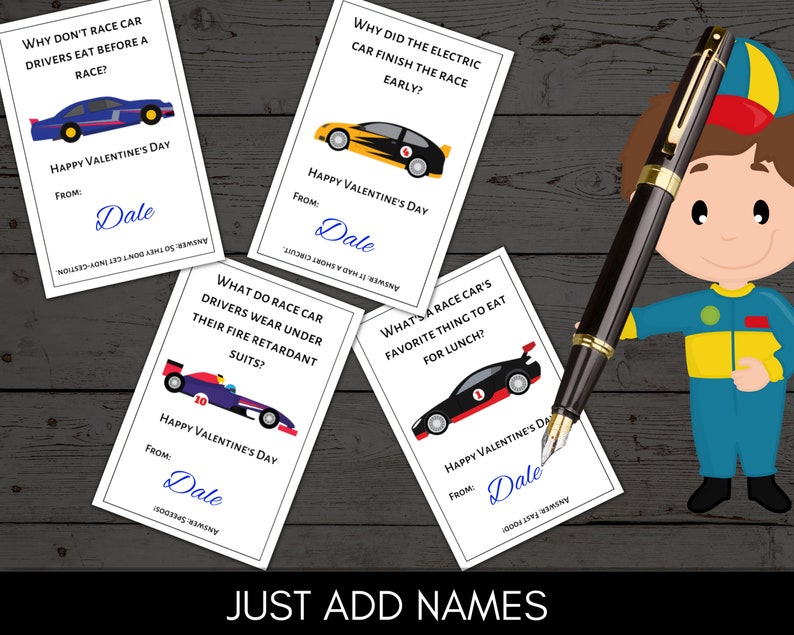 Racing Car Joke Valentine Cards - Classroom Valentines - Valentines Day ...