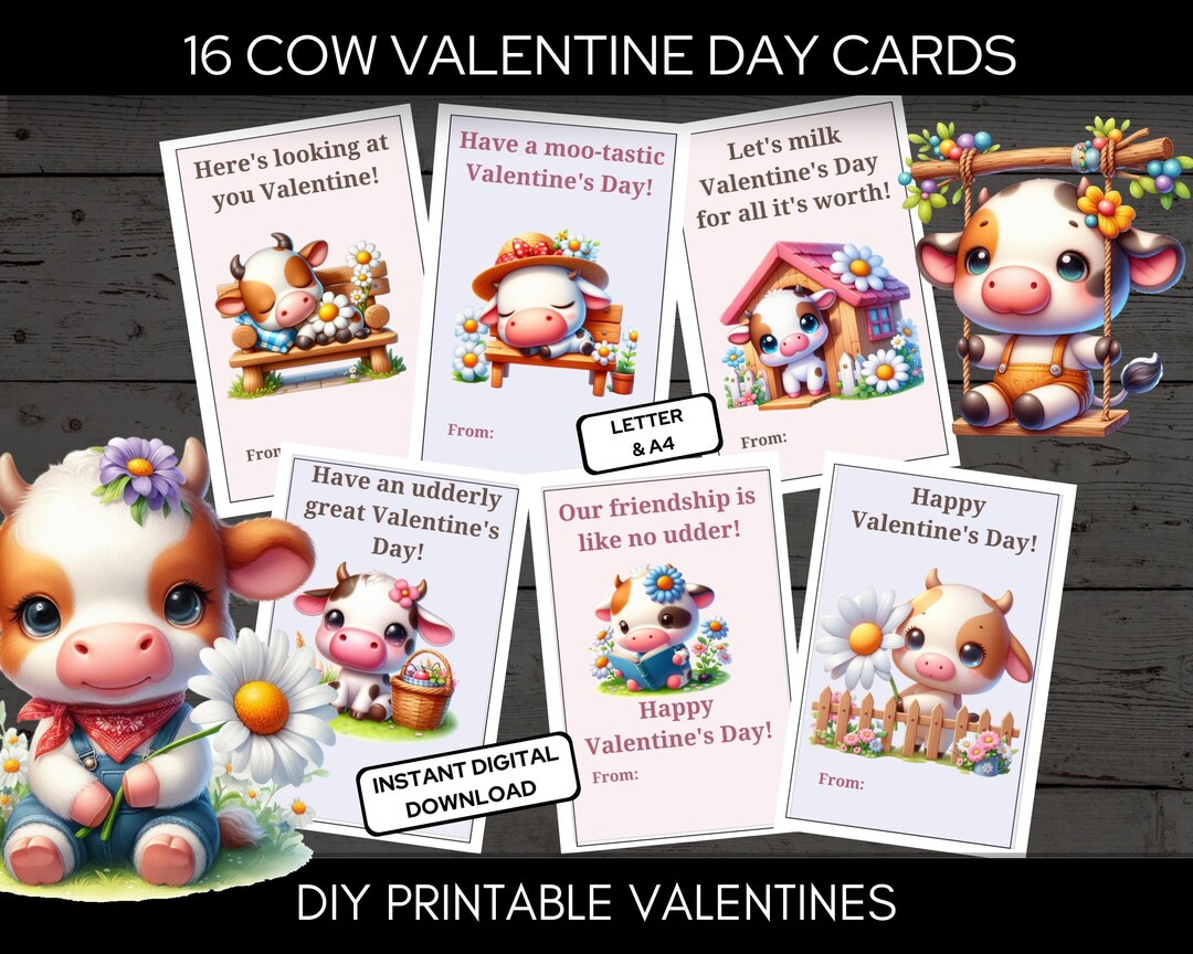 Funny Cute Cow Valentine Cards for Class Exchange Letter & A4 Format ...