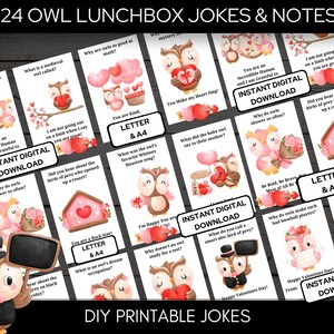 Op de afbeelding: Een set van 24 printbare lunchbox-grappen en notities met een uilenthema. De kaarten bevatten illustraties van uilen met harten, bloemen en andere Valentijnsdag-afbeeldingen. De tekst op de kaarten bevat woordspelingen en grappen over uilen, zoals "Waarom zijn uilen zo goed in wiskunde?" en "Wat zei de baby-uil tegen zijn moeder?"