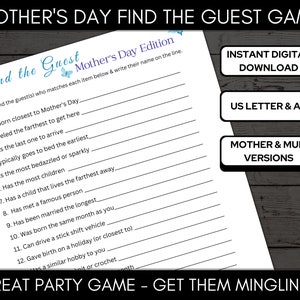 Mother&#39;s Day Find the Guest Party Game, Mum Mix and Mingle Party Game, Ice Breaker Games, Find the Guest Game A4 & Letter