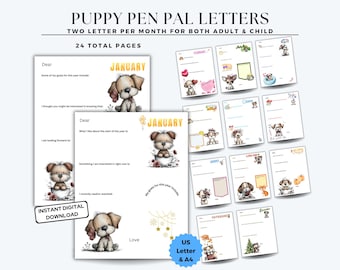 Year of Penpal Letters Puppy | Great Grandma Gift | Grandma Gift | Grandparents' Day | Grandpa Gift | 24 Printable Pen Pal Letters 12 Months