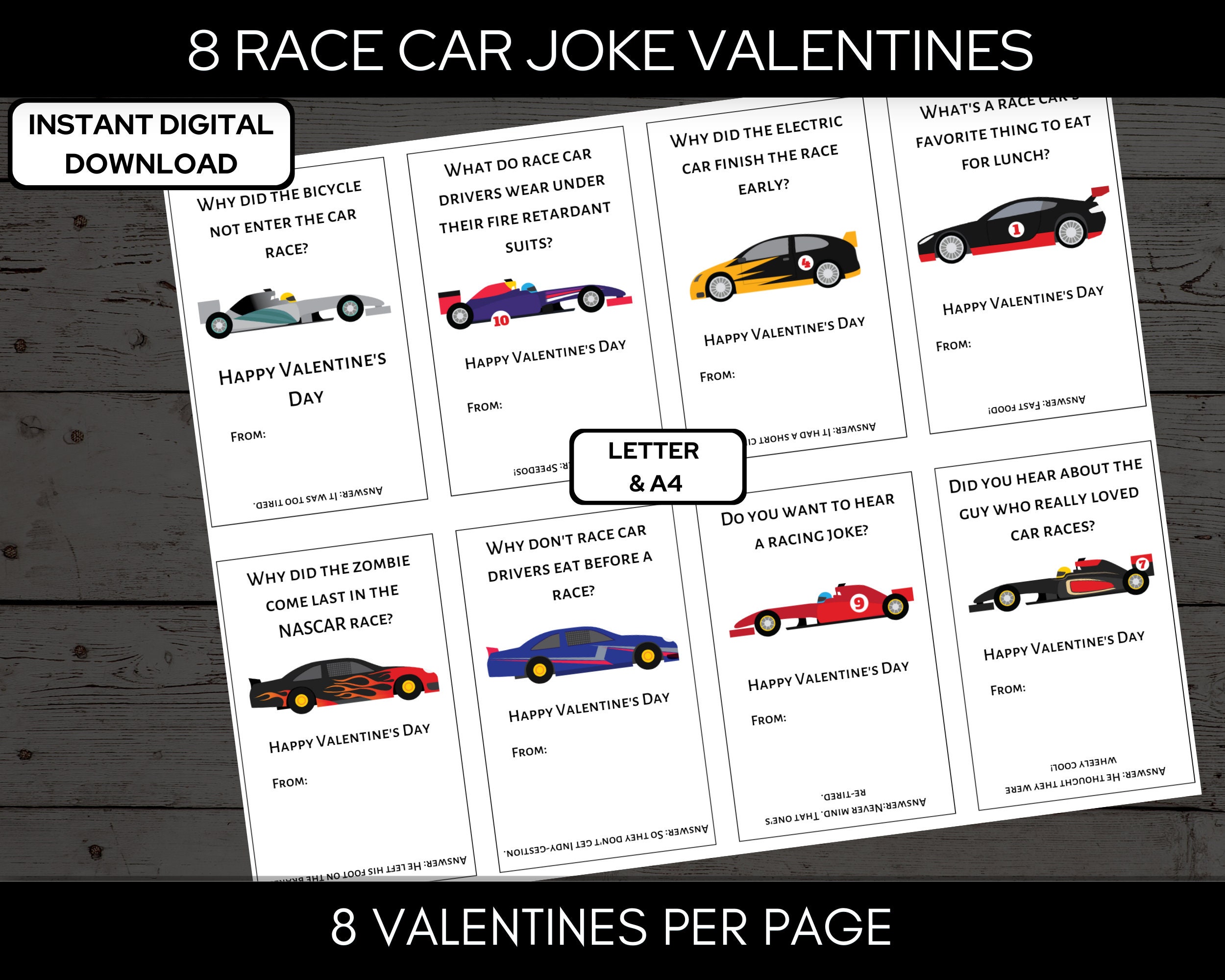 Racing Car Joke Valentine Cards - Classroom Valentines - Valentines Day ...