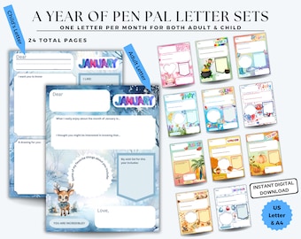 Year of Penpal Letters | Great Grandma Gift | Grandma Gift | Grandparents' Day | Grandpa Gift | 24 Printable Pen Pal Letters | 12 Months