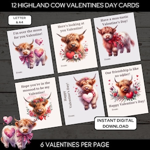 Lindas tarjetas de San Valentín de vaca de las Tierras Altas para intercambio de clases en formato carta y A4