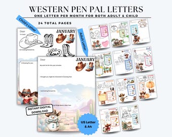 Year of Western Penpal Letters | Great Grandma Gift | Grandma Gift | Grandparents Day | Grandpa | 24 Printable Pen Pal Letters 12 Months