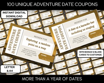 Date Night, Love Coupons, 100 Date Night Ideas, Adventure Coupon Book, Date Night Jar, Paper Anniversary, Last Minute Gift, Valentines Gift