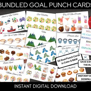 May include: A collection of printable goal punch cards with various themes, including wellness, baking, and reading. The cards feature colorful illustrations and text, with a red ornament that says "Sale". The text "Instant Digital Download" is also visible.