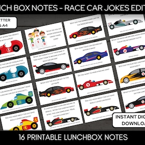 May include: 16 printable lunchbox notes with race car jokes. The notes feature colorful illustrations of race cars and funny puns. The notes are designed to be used as a fun way to add a little humor to a child's lunchbox.