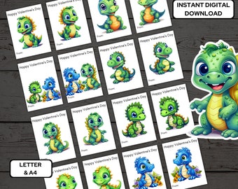 16 Dinosaur Valentines Day Cards, Dino Classroom Valentines, Dinosaur Valentine, Boy Valentines Cards,Preschool Valentines - Letter & A4