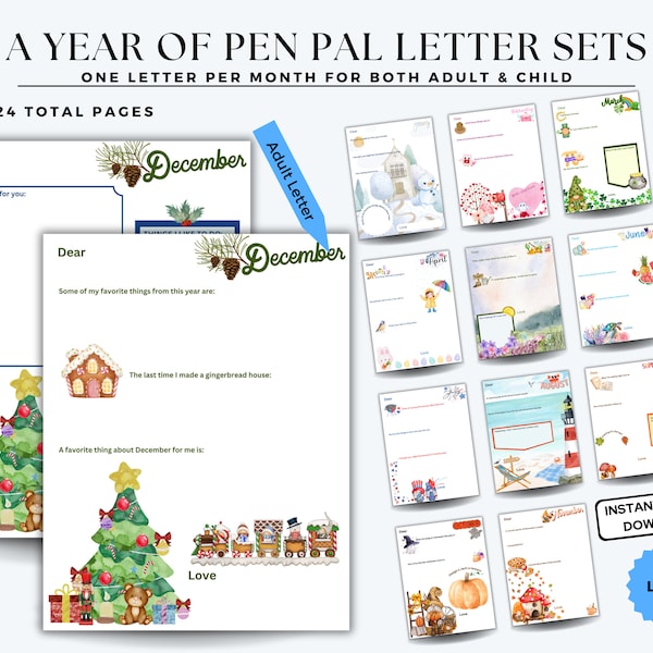 12 Months of Pen Pal Letters | Great Grandma Gift | Grandma Gift | Grandparents' Day | Grandpa Gift | Instant Download 24 Printable Letters