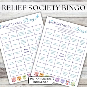 Juego de bingo de la Sociedad de Socorro: descarga instantánea: excelente juego para conocerse: formatos carta de EE. UU. y A4