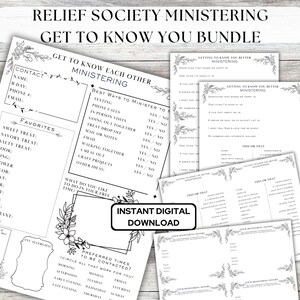 May include: Black and white printable worksheets for Relief Society ministering. The worksheets include sections for getting to know each other, best ways to minister, favorite things, preferred times to be contacted, and this or that questions.