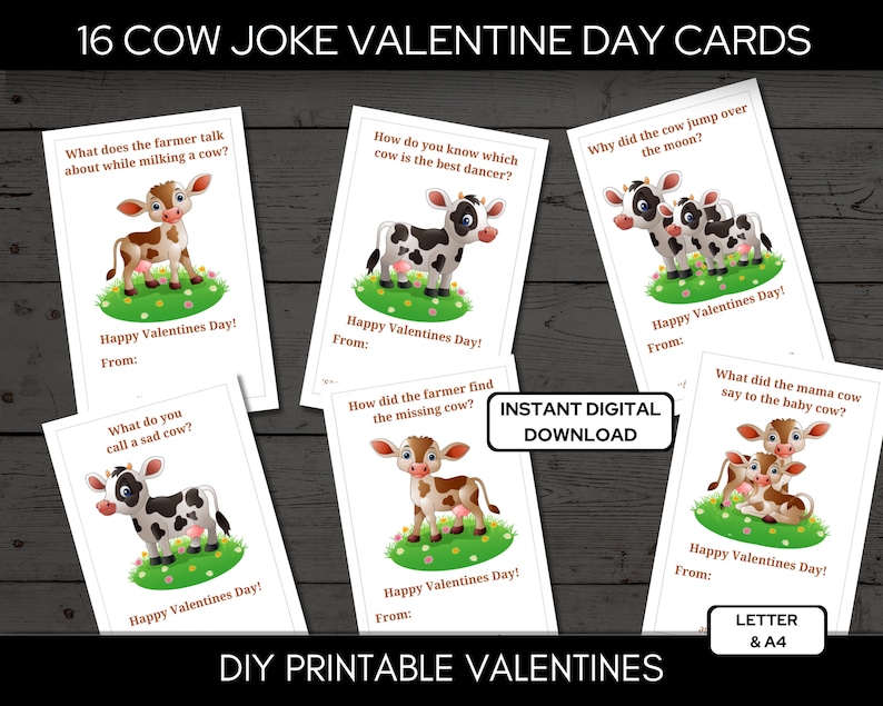 Funny Cow Joke Valentine Cards for Class Exchange Letter & A4 Format - Etsy