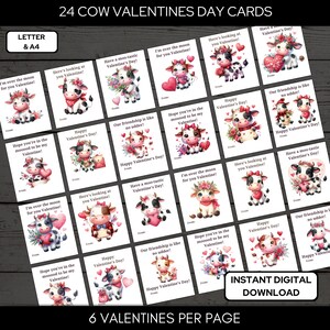24 lindas tarjetas de San Valentín de vaca para intercambio de clases en formato carta y A4