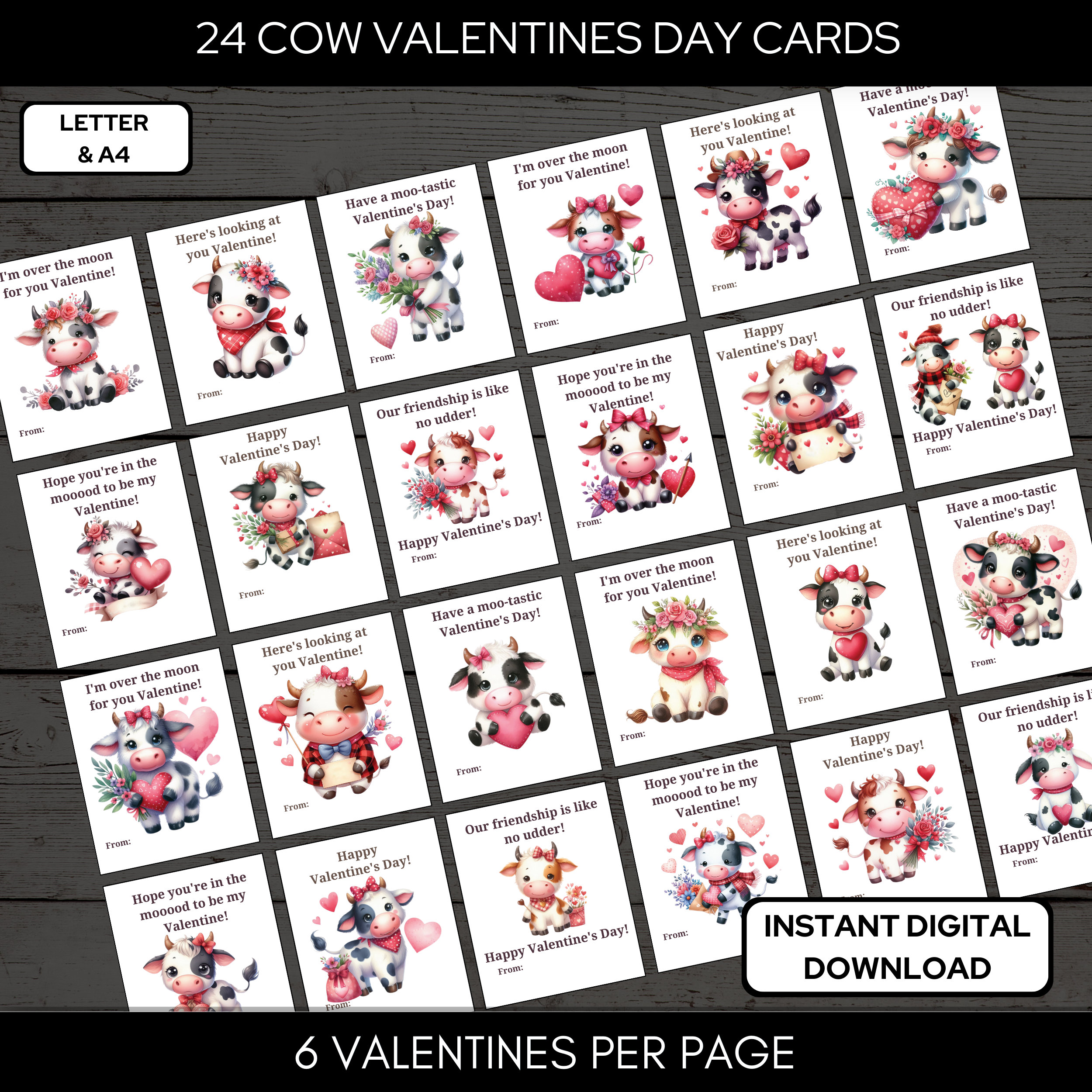 24 Cute Cow Valentine Cards for Class Exchange Letter & A4 Format - Etsy
