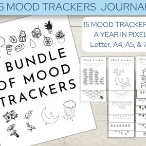 15 Mood Trackers, Daily Monthly & Year in Pixels Mood Journal, Feelings Journal, Wellness Journal