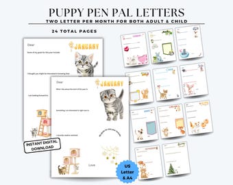 Year of Penpal Letters Cat | Great Grandma Gift | Grandma Gift | Grandparents' Day | Grandpa Gift | 24 Printable Pen Pal Letters 12 Months