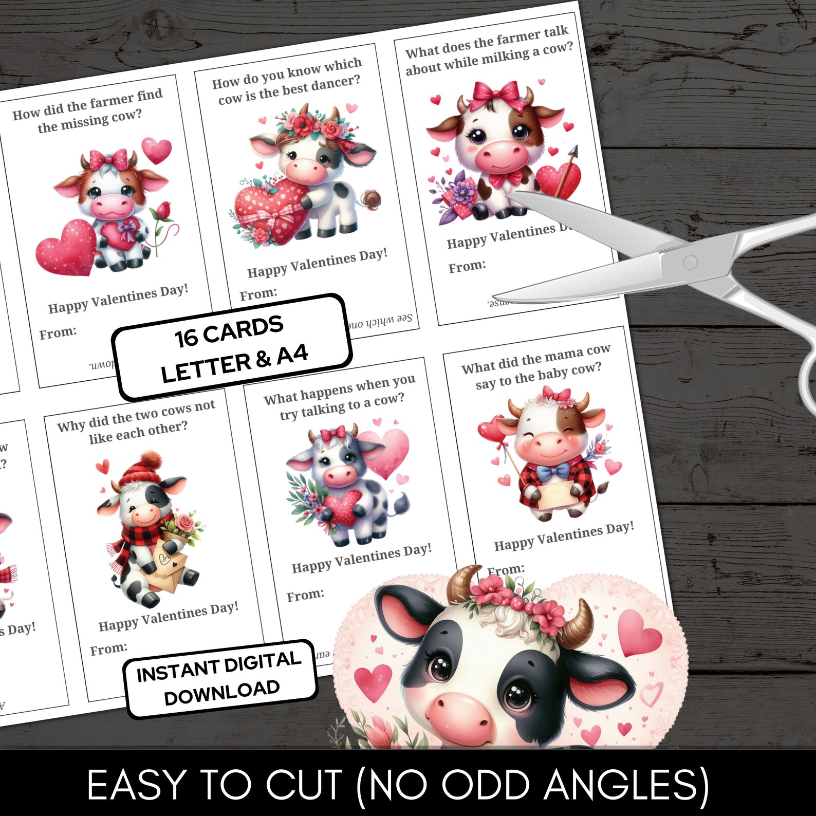 Funny Cow Joke Valentine Cards V2 for Class Exchange Letter & A4 Format ...