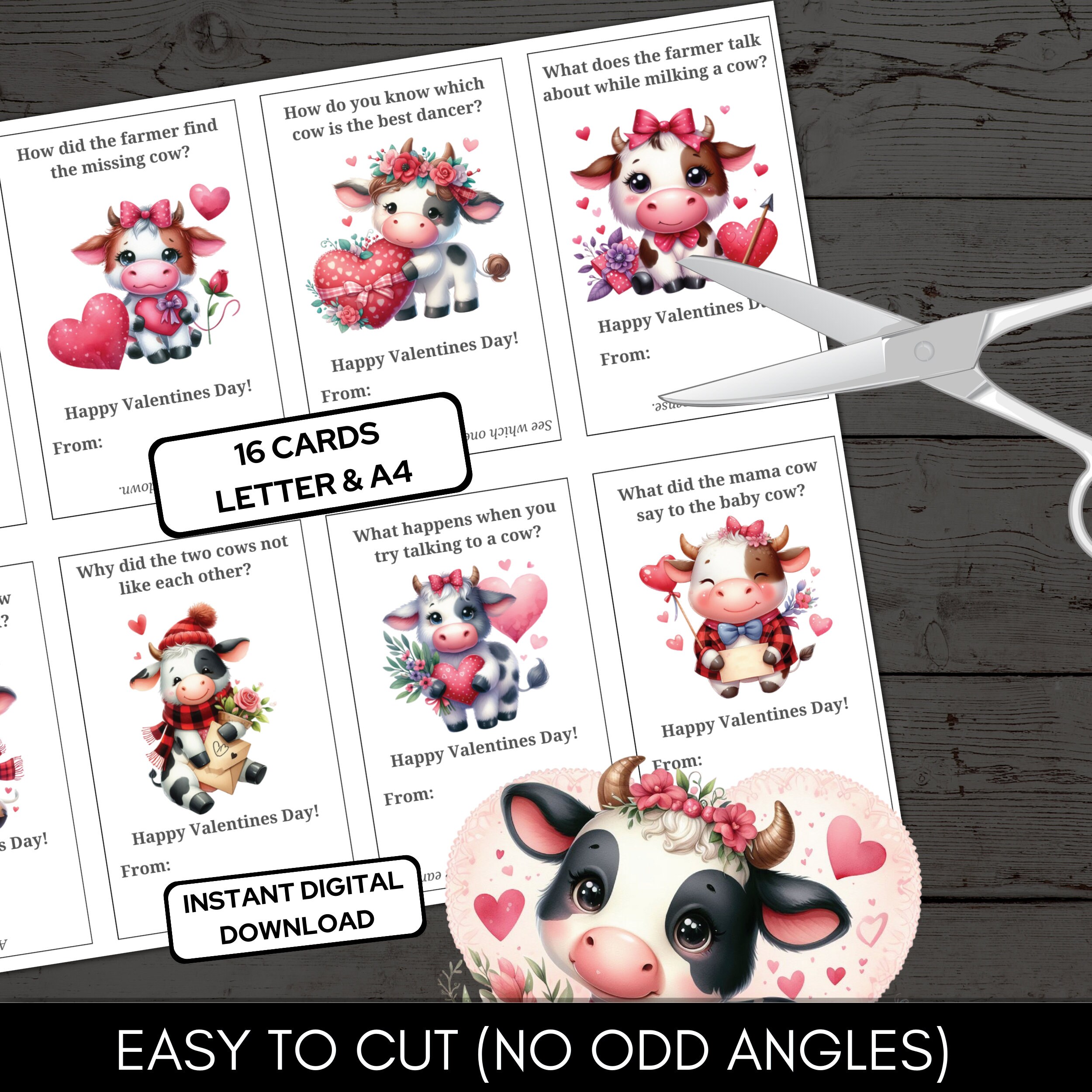 Funny Cow Joke Valentine Cards V2 for Class Exchange Letter & A4 Format ...