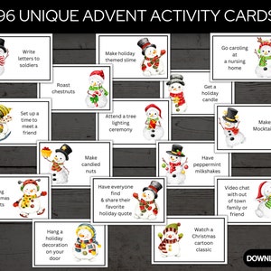 May include: A set of 96 unique Advent activity cards featuring illustrations of snowmen. The cards are printed on white paper with black borders and contain various holiday-themed activities, such as writing letters to soldiers, making holiday-themed slime, attending a tree lighting ceremony, and going caroling at a nursing home.