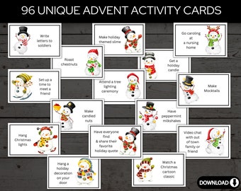 May include: A set of 96 unique Advent activity cards featuring illustrations of snowmen. The cards are printed on white paper with black borders and contain various holiday-themed activities, such as writing letters to soldiers, making holiday-themed slime, attending a tree lighting ceremony, and going caroling at a nursing home.