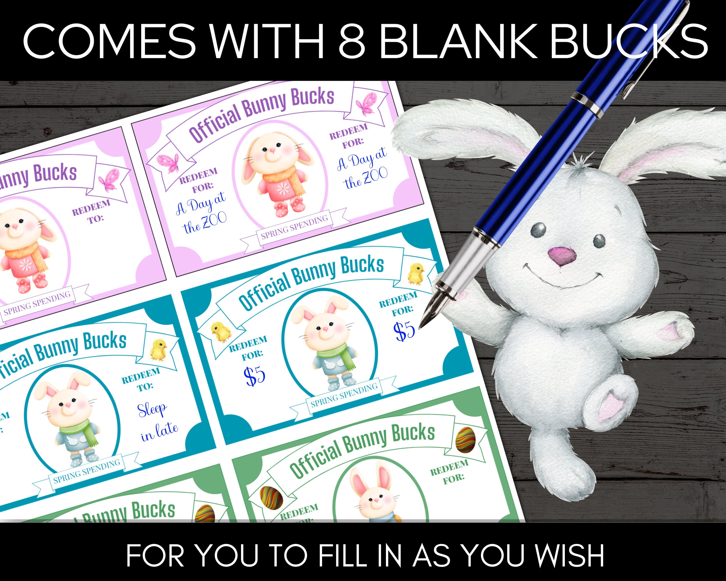 TOPRenddon Easter Egg Fillers- Wood Easter Reward Tokens, Easter Prizes Stuffers Coins Family Night 27 Redeemable Tokens 1 Blank Diy Unique Hunt Activities Bunny