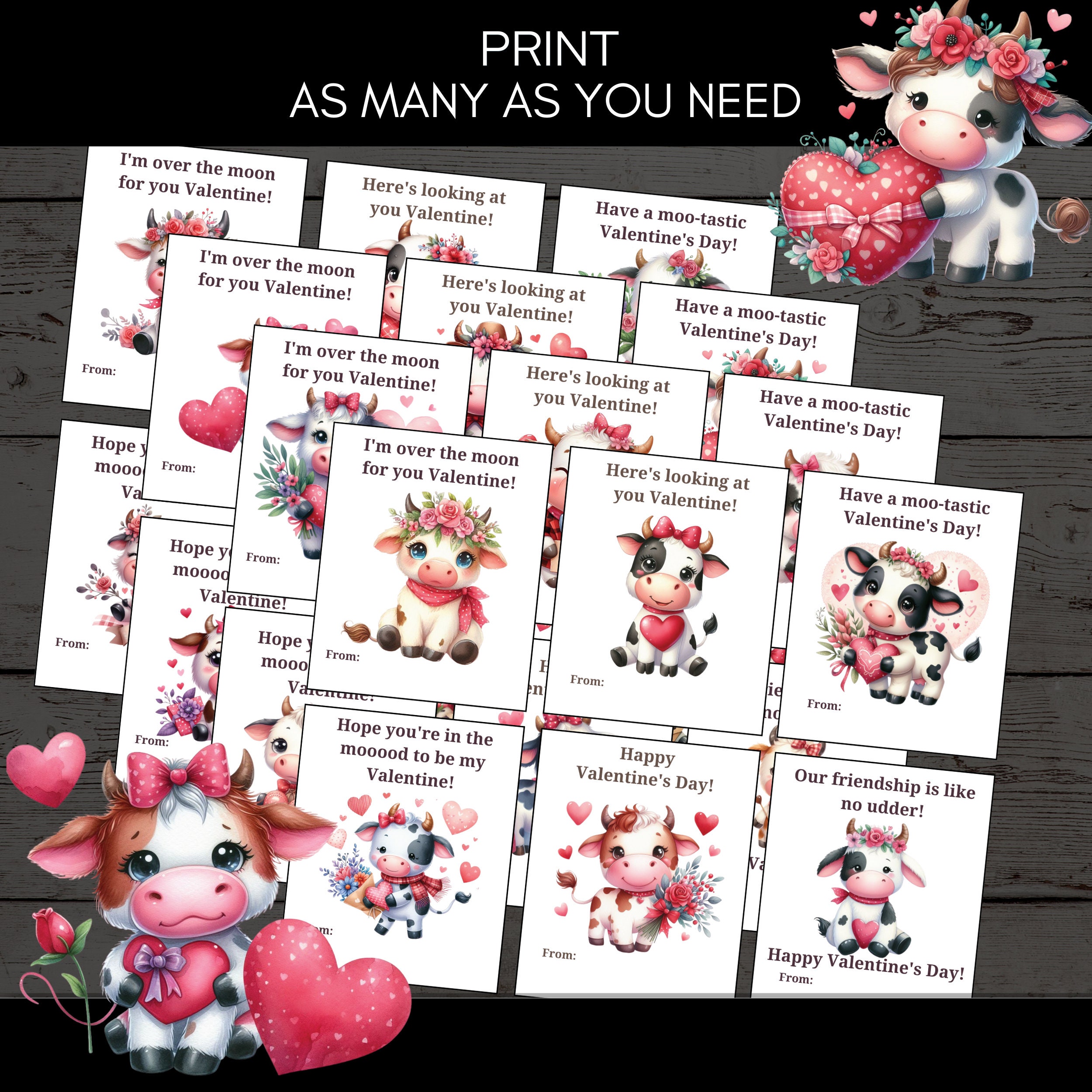 24 Cute Cow Valentine Cards for Class Exchange Letter & A4 Format - Etsy