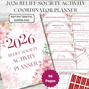 Puede incluir: Un planificador de actividades de la Sociedad de Socorro de 2026 con un diseño floral. El planificador incluye páginas para la planificación de actividades, presupuestos, notas de reuniones y un calendario. La portada muestra el texto "2026 Relief Society Activity Planner".