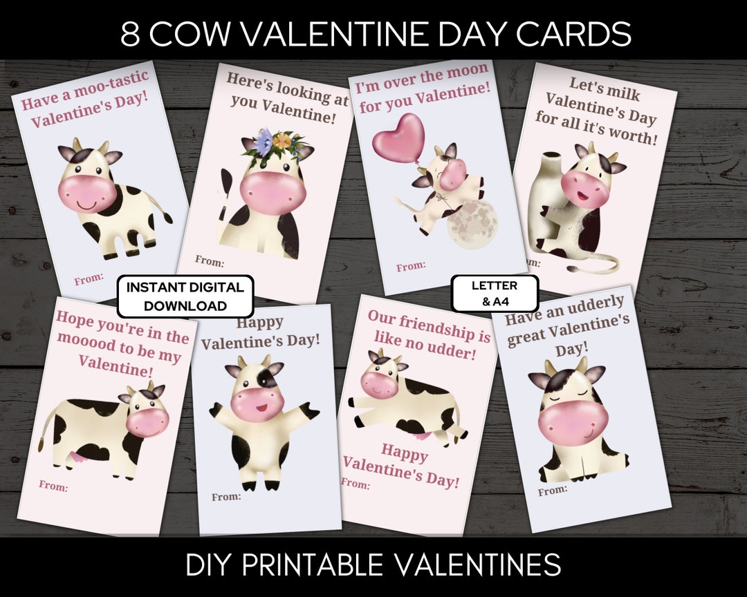 Funny Cute Cow Valentine Cards for Class Exchange Letter & A4